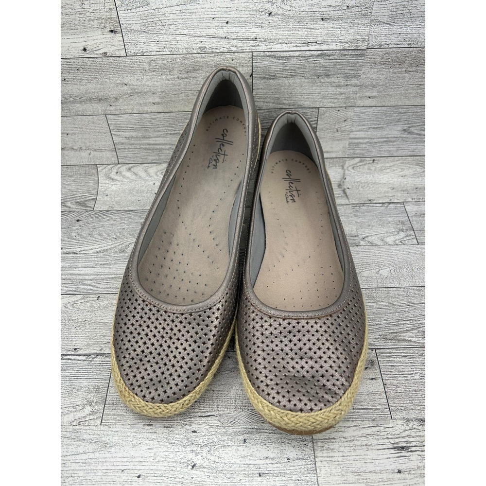 Clarks Danelly Adira Metallic Pewter Perforated Leather Espadrille Women Sz‎ 10M